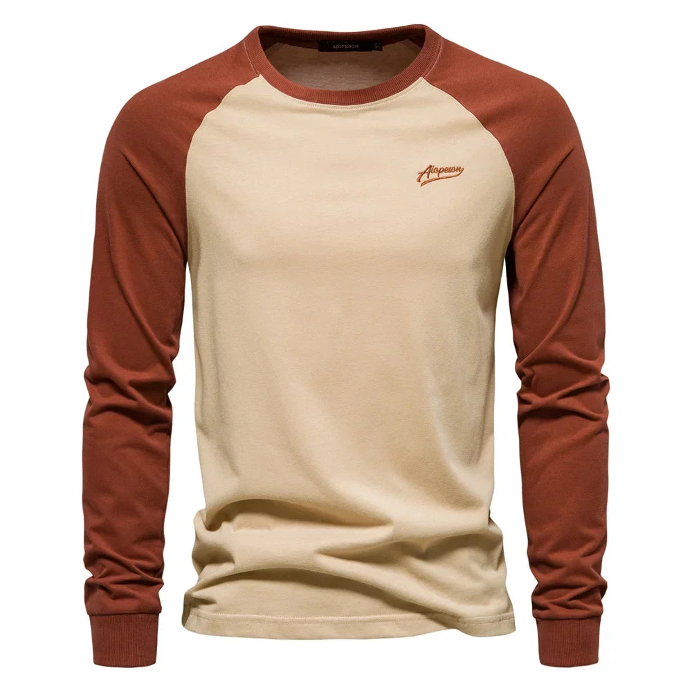 T-shirt da uomo Gio Rota a maniche lunghe con motivo patchwork - maglietta casual in cotone con scollo a O