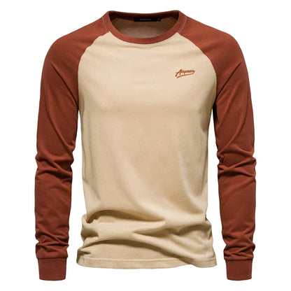 T-shirt da uomo Gio Rota a maniche lunghe con motivo patchwork - maglietta casual in cotone con scollo a O