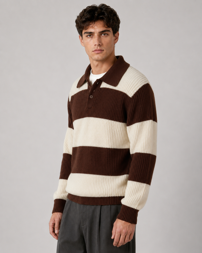 Męski prążkowany dzianinowy sweter polo w paski, czekoladowy brąz