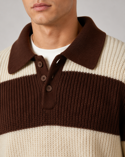 Męski prążkowany dzianinowy sweter polo w paski, czekoladowy brąz