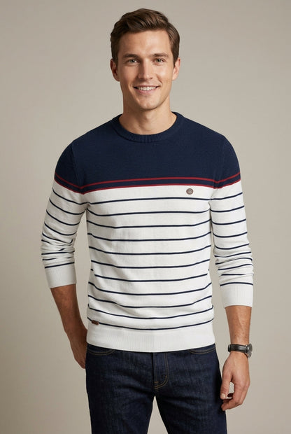 Camisola às riscas de gola redonda para homem