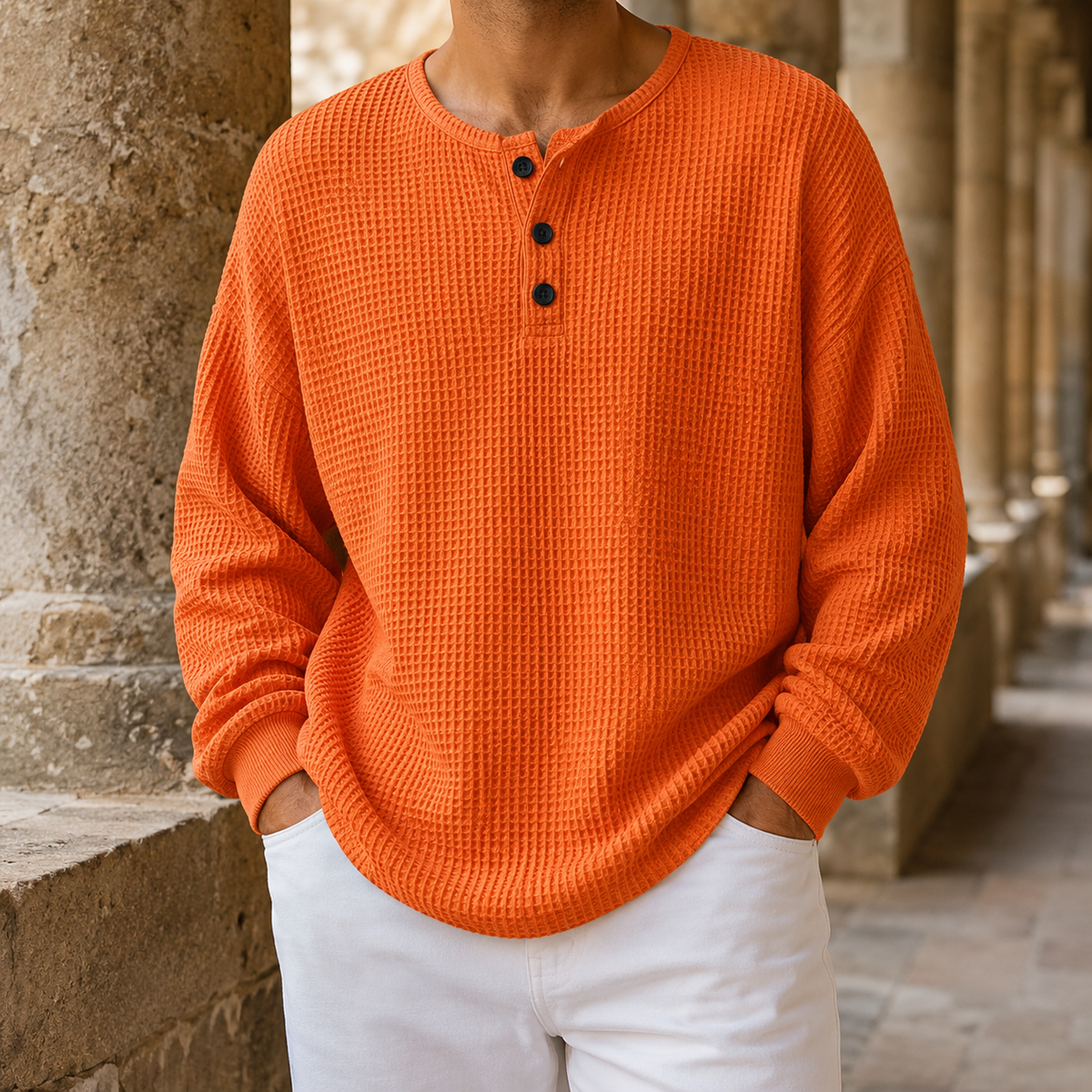 Henleytrui van wafelbreisel met relaxed fit