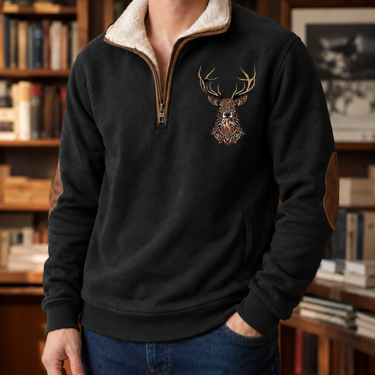 Pull en maille à quart de zip avec motif cerf