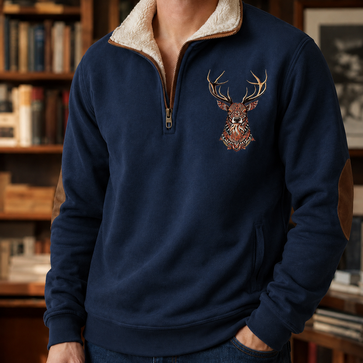 Pull en maille à quart de zip avec motif cerf