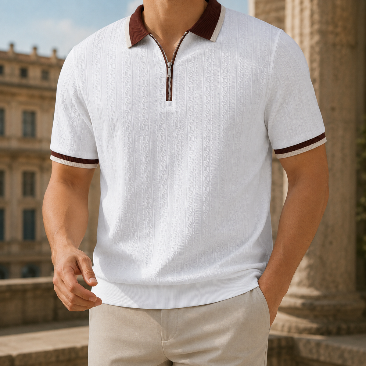 Polo texturé à demi-zip