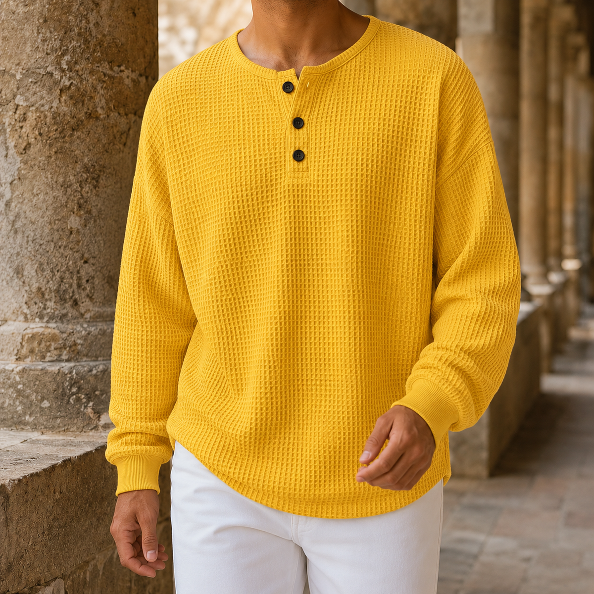 Henleytrui van wafelbreisel met relaxed fit