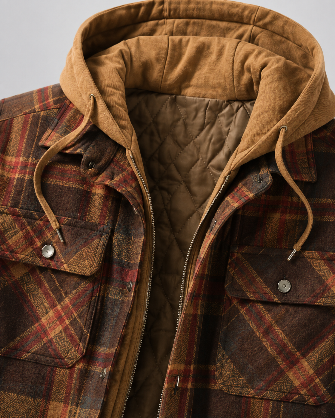 Shacket a quadri da uomo con cappuccio, fodera trapuntata e chiusura frontale con cerniera