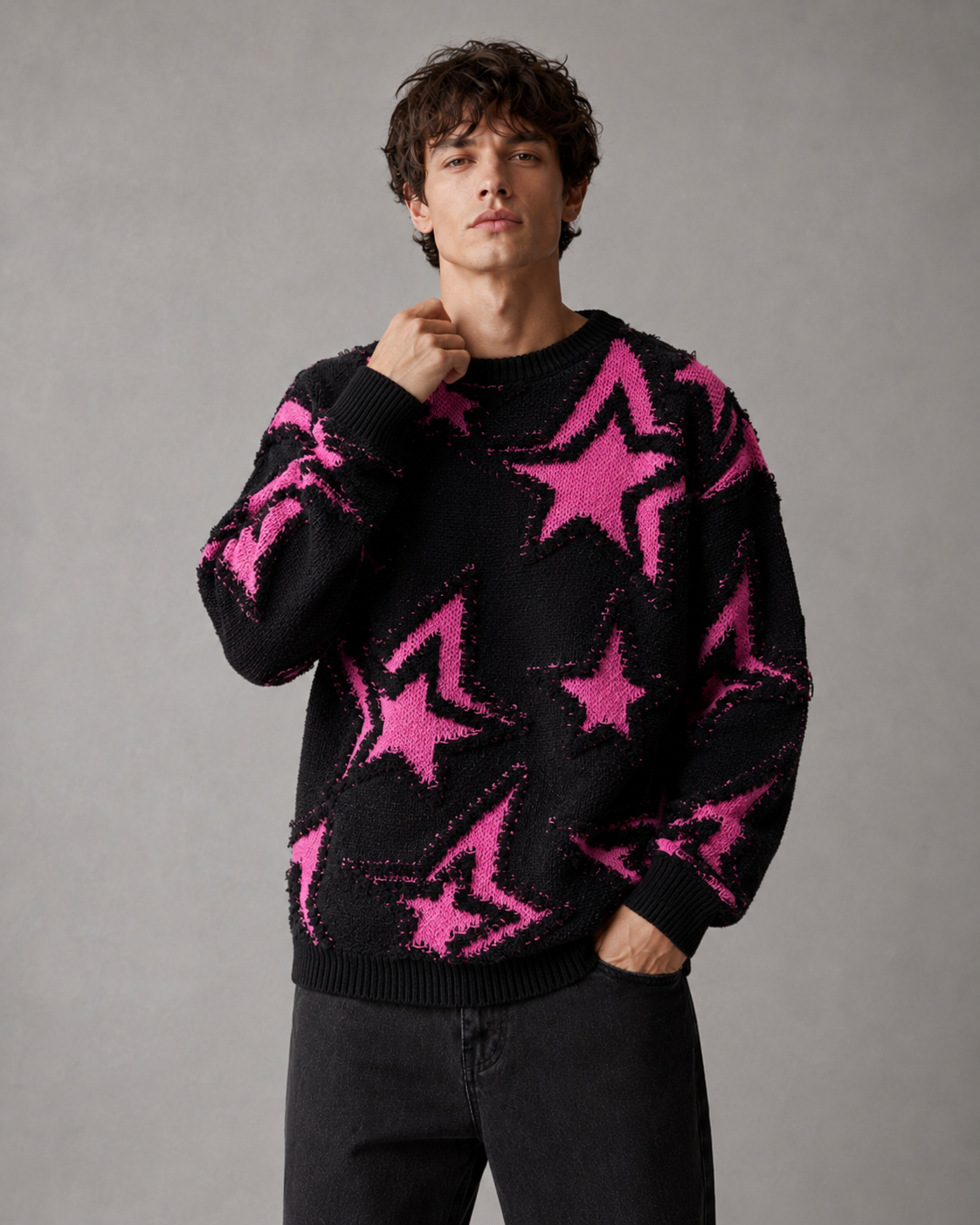 Camisola de malha texturada com estrelas e corte descontraído, para homem