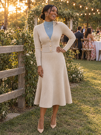 Ensemble cardigan et jupe évasée Zafren beige