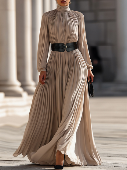 Abito lungo beige plissettato con cintura Zafren