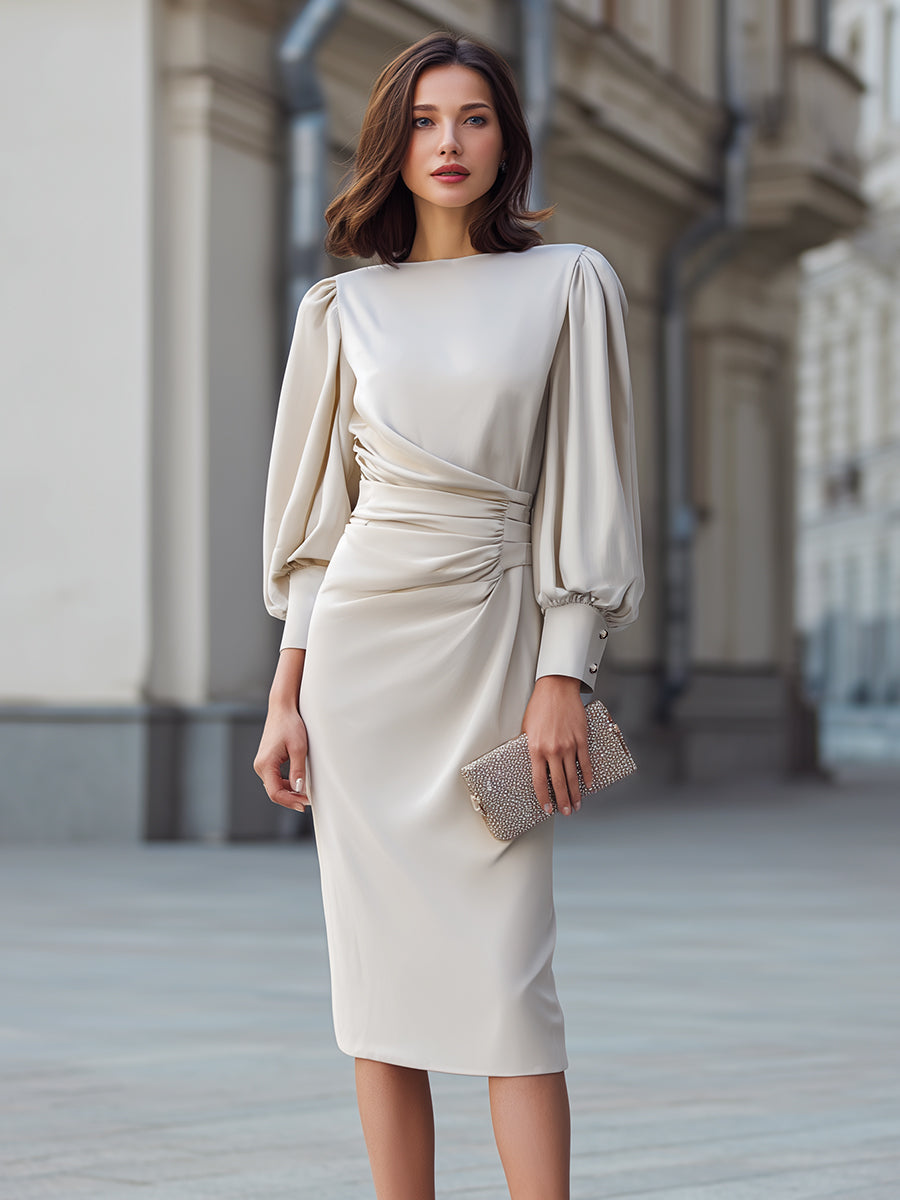Zafren Beige Puff Sleeve Draped Dress