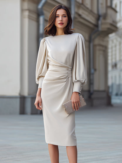 Zafren Beige Puff Sleeve Draped Dress
