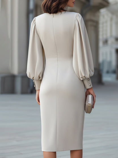 Zafren Beige Puff Sleeve Draped Dress