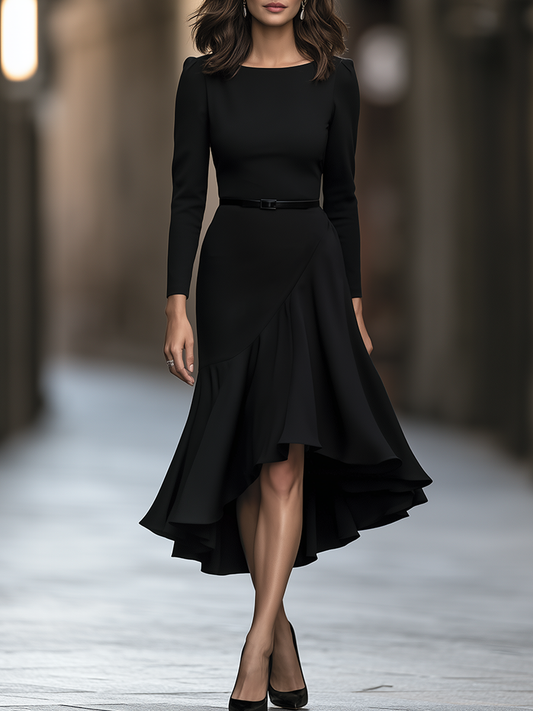 Rochie midi neagră asimetrică, cu centură Zafren