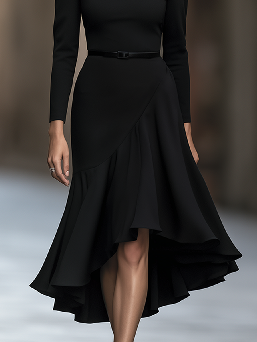 Rochie midi neagră asimetrică, cu centură Zafren