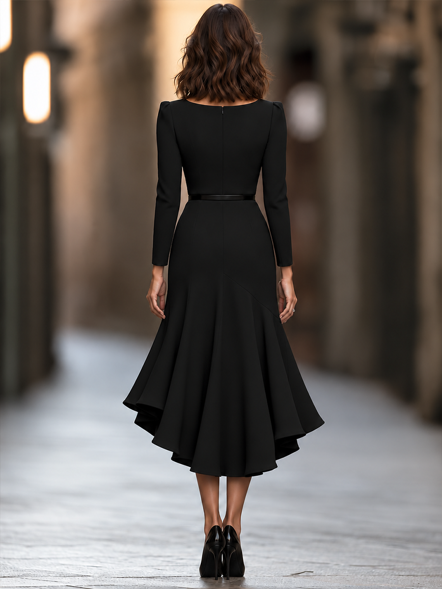 Rochie midi neagră asimetrică, cu centură Zafren