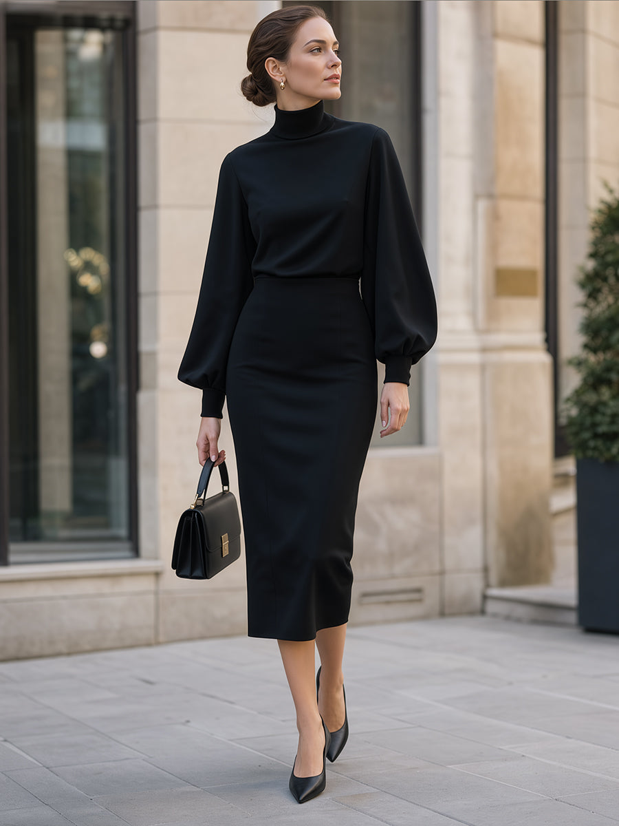 Robe midi Zafren noire à manches évêque
