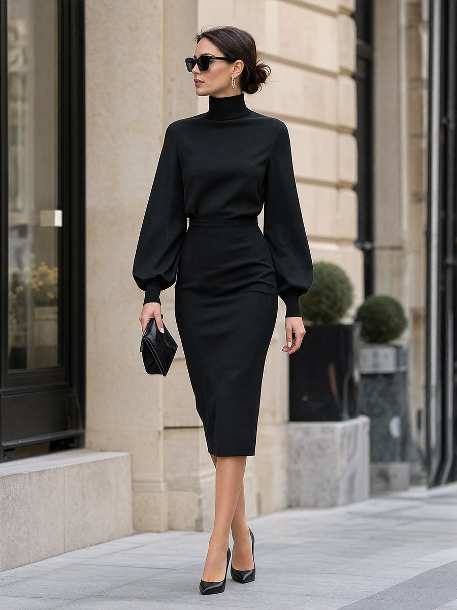 Robe midi Zafren noire à manches évêque