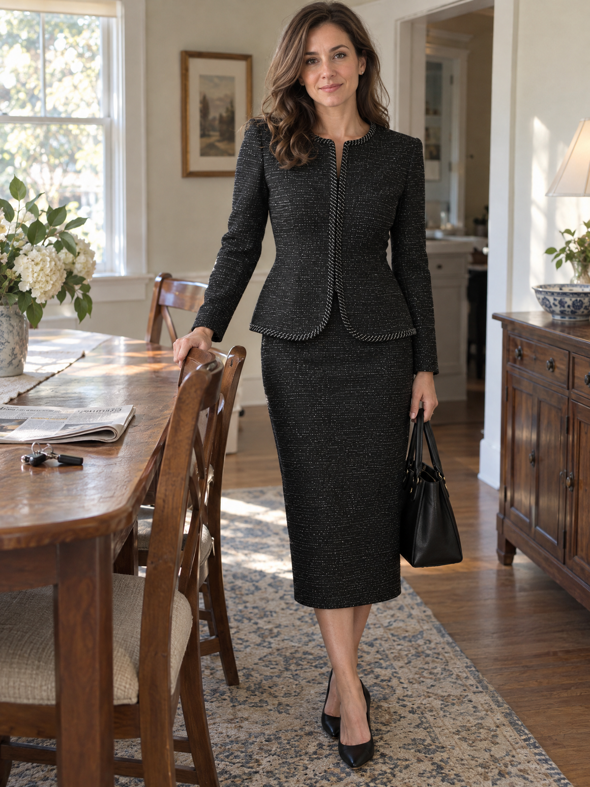 Conjunto de falda de tweed negro con ribete trenzado Zafren