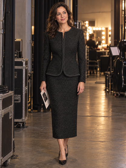 Conjunto de falda de tweed negro con ribete trenzado Zafren
