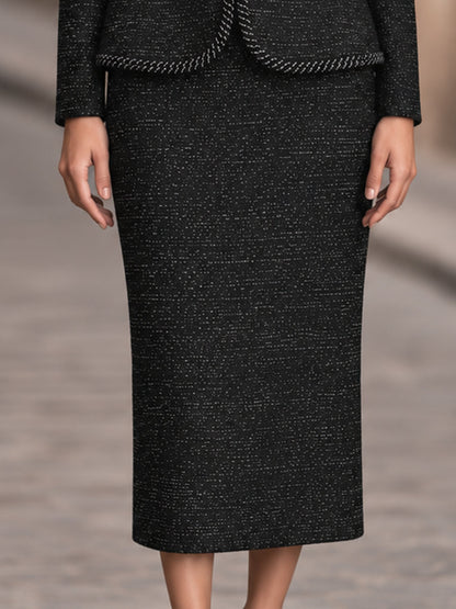 Conjunto de falda de tweed negro con ribete trenzado Zafren
