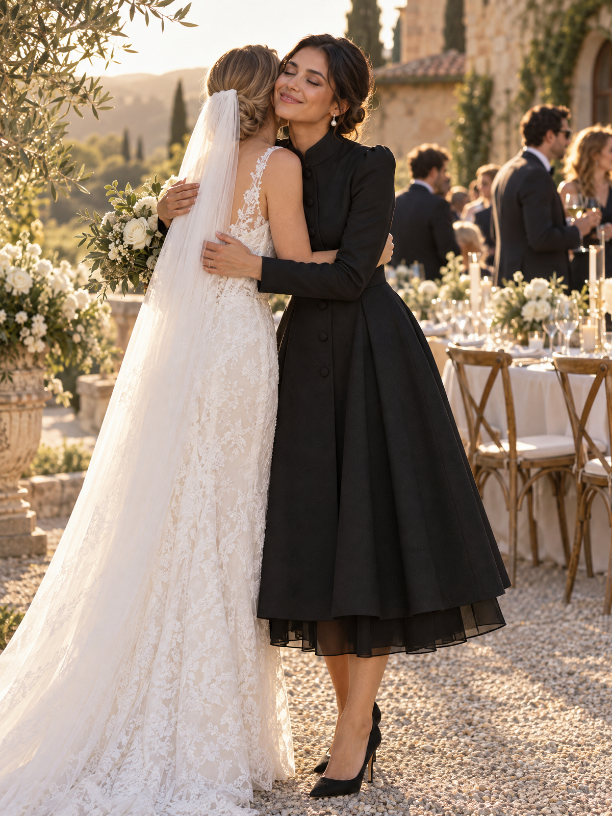 Abito Zafren nero con bottoni sul davanti e orlo in organza
