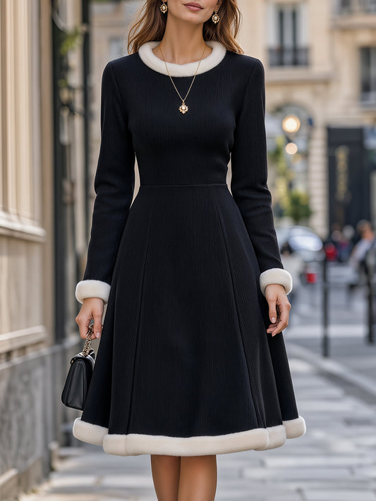 Vestido preto Zafren de bombazina, evasé, com acabamento de pelo