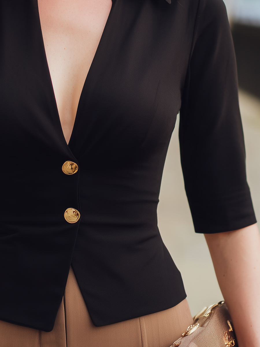 Zafren schwarze Bluse mit tiefem V-Ausschnitt und Knopfleiste vorne