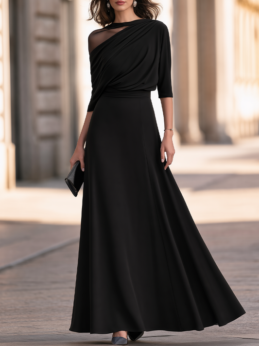 Zafren Black Draped Asymmetric Maxi Dress