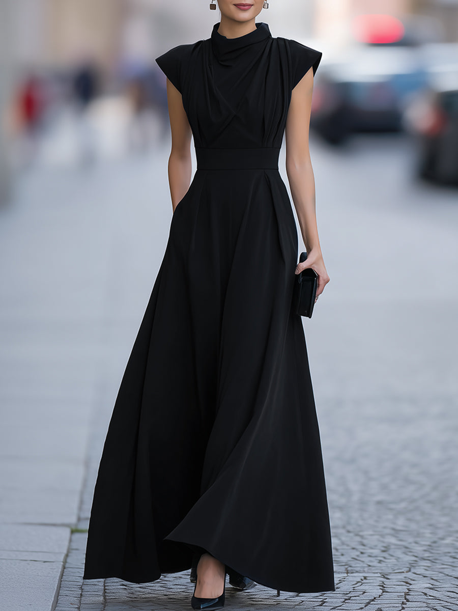 Vestido largo Zafren negro drapeado con escote tipo capucha