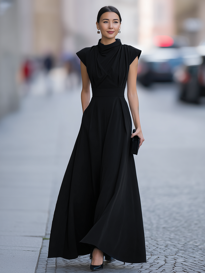 Vestido largo Zafren negro drapeado con escote tipo capucha