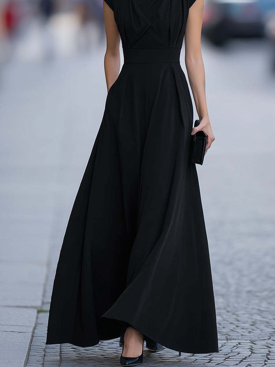 Vestido largo Zafren negro drapeado con escote tipo capucha