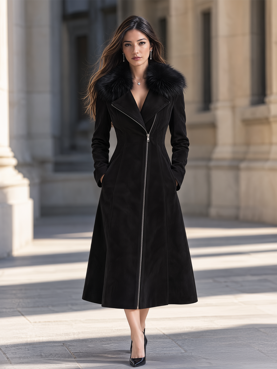 Zafren Black Faux Fur Collar Coat