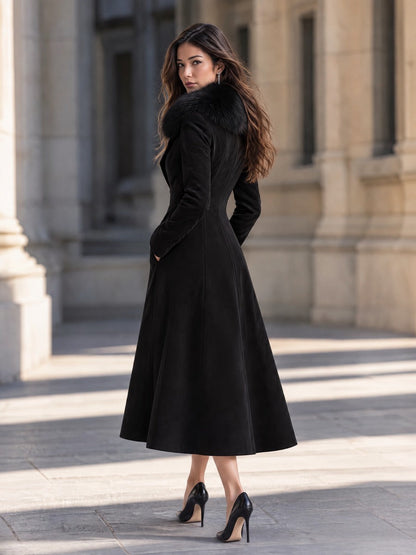 Zafren Black Faux Fur Collar Coat
