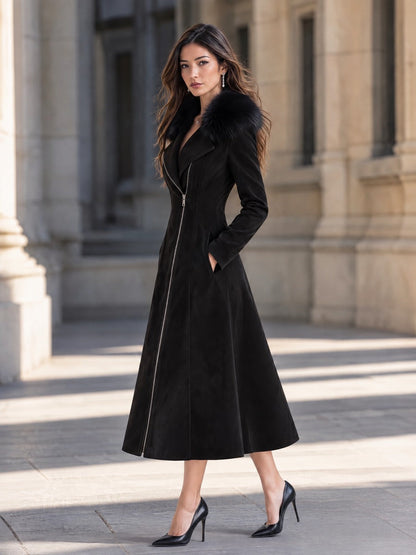Zafren Black Faux Fur Collar Coat