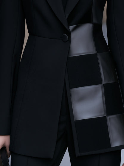 Zafren Black Faux Leather Patchwork Blazer