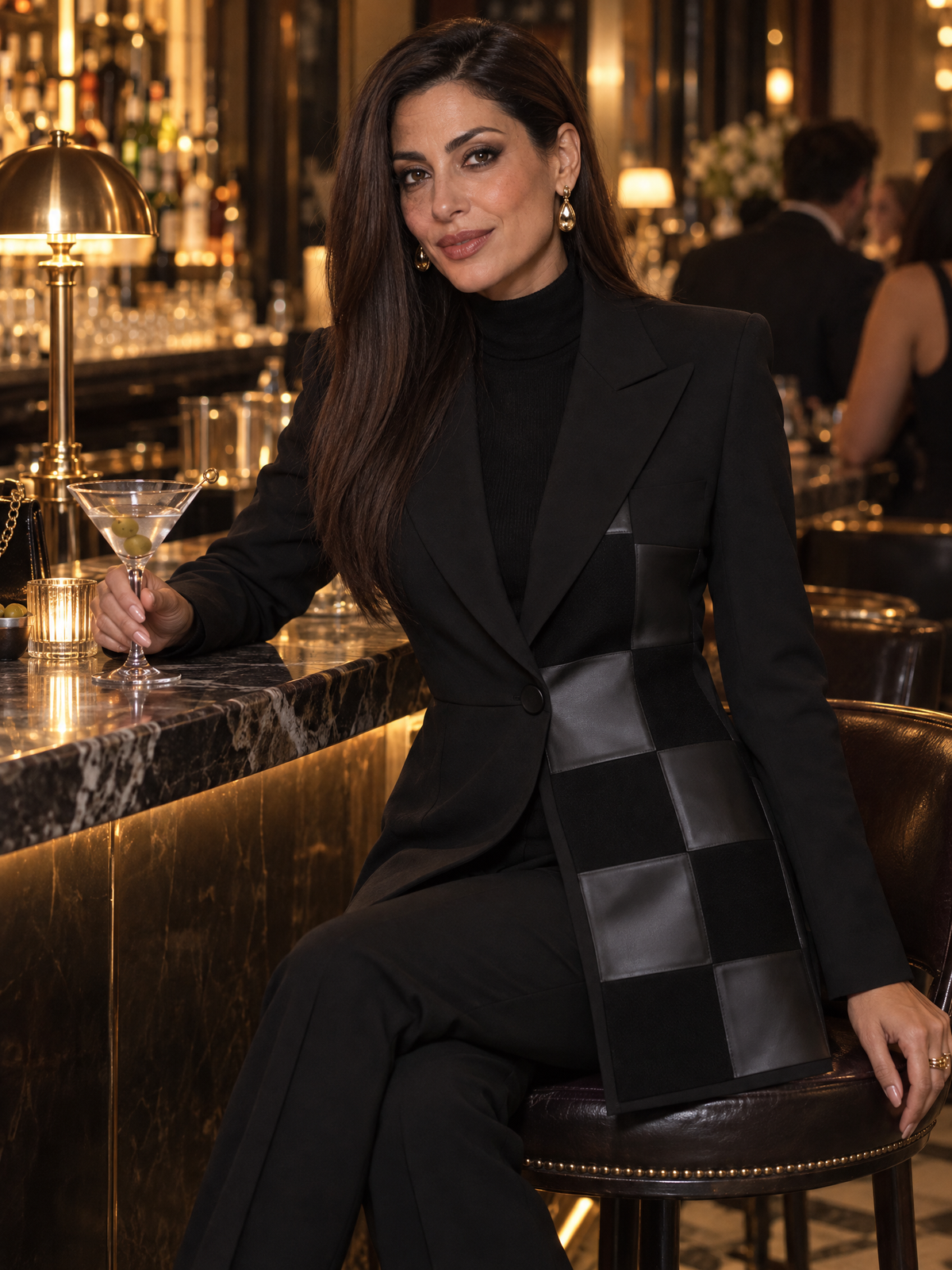 Zafren Black Faux Leather Patchwork Blazer