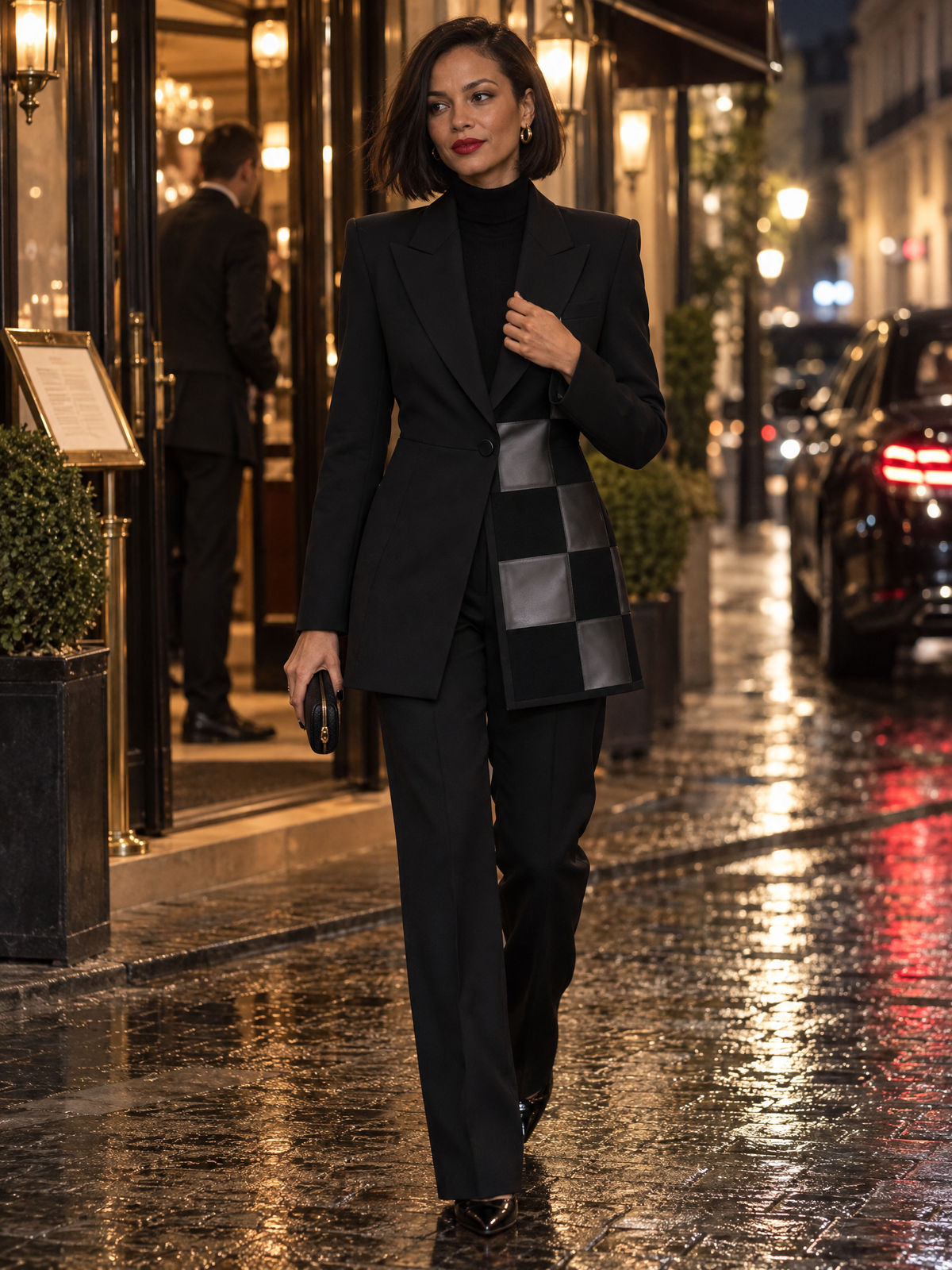Zafren Black Faux Leather Patchwork Blazer
