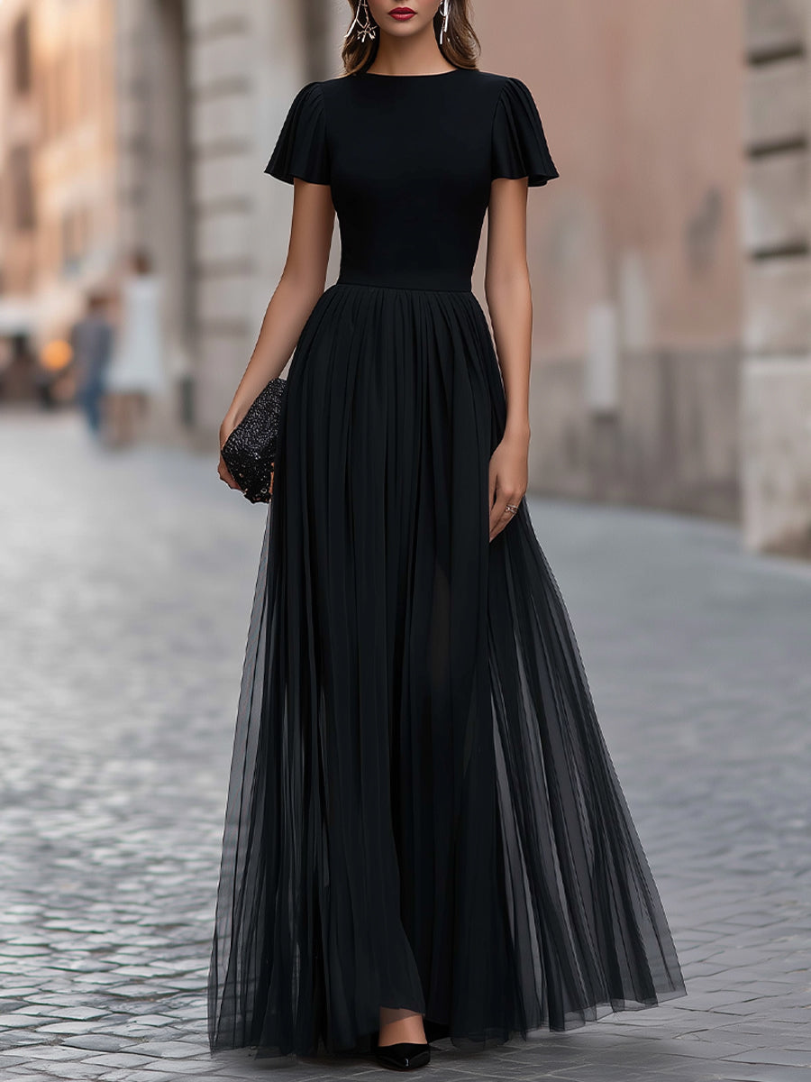 Rochie maxi Zafren neagră, cu mâneci fluture