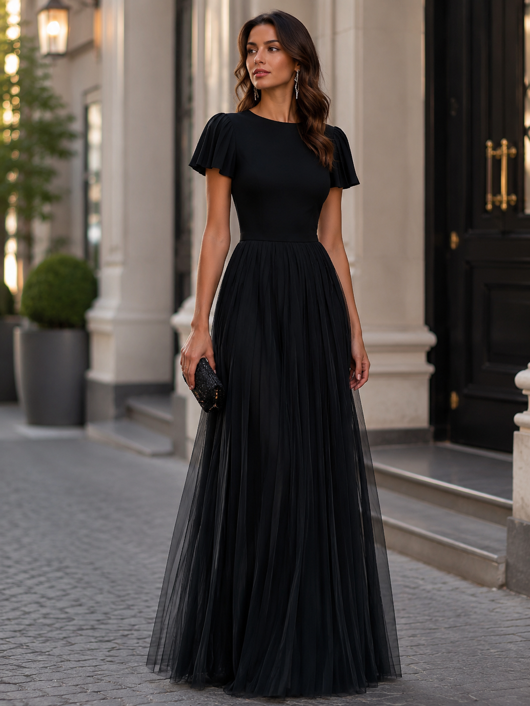 Rochie maxi Zafren neagră, cu mâneci fluture
