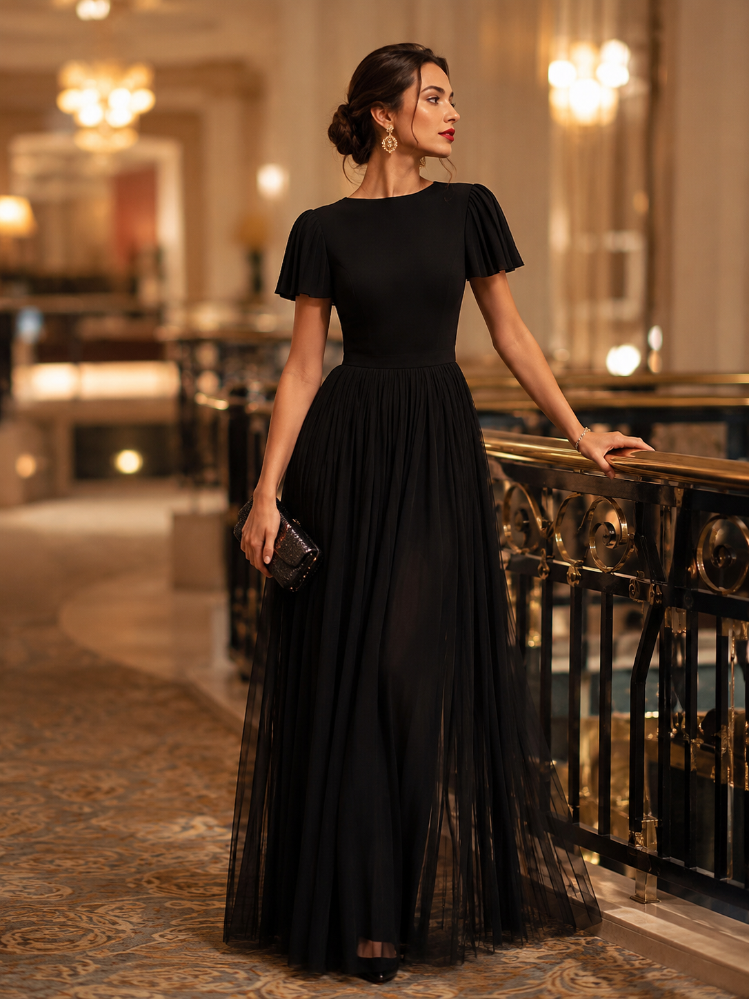 Rochie maxi Zafren neagră, cu mâneci fluture