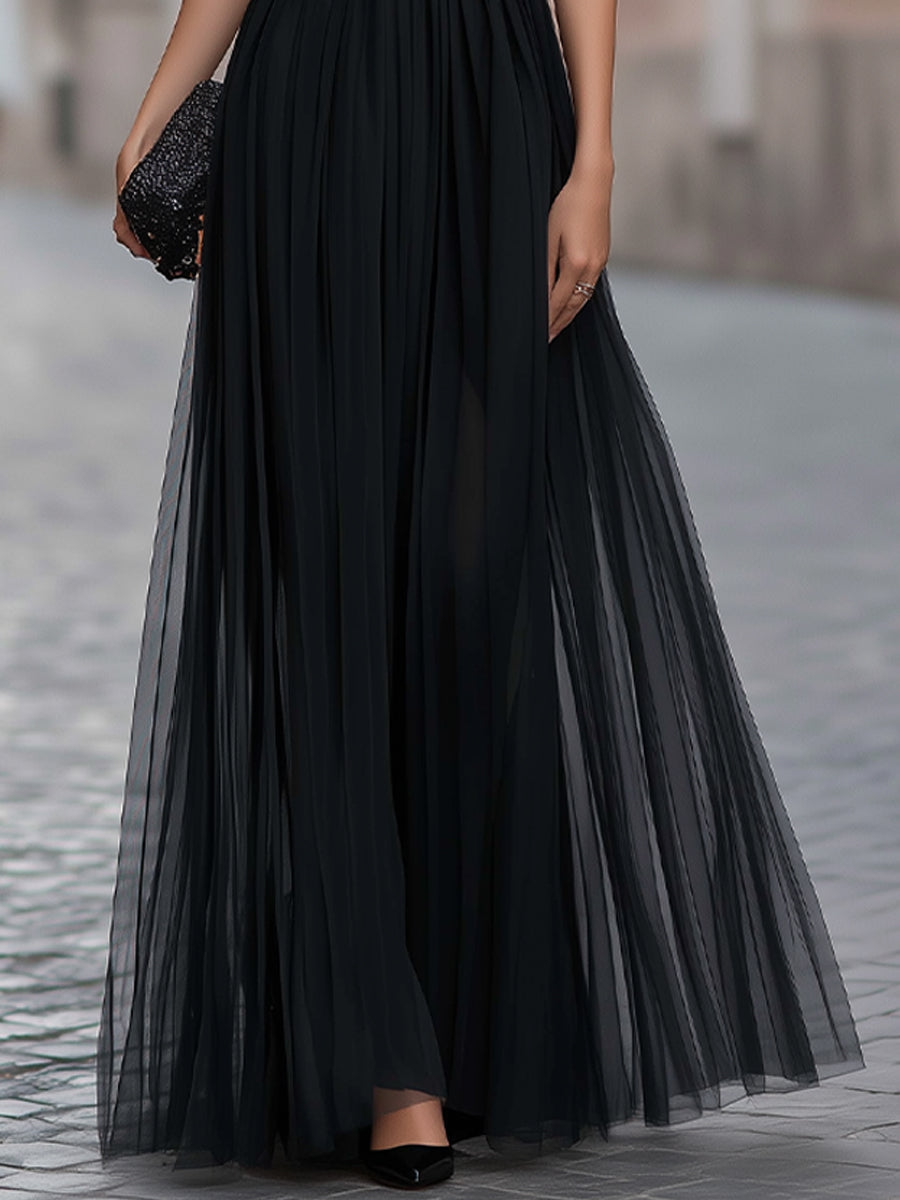 Rochie maxi Zafren neagră, cu mâneci fluture