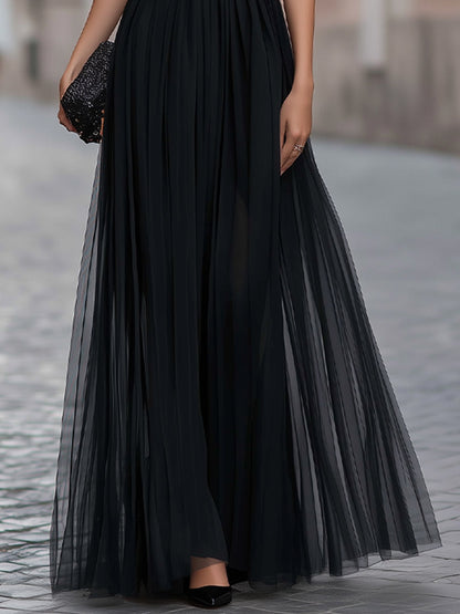 Rochie maxi Zafren neagră, cu mâneci fluture