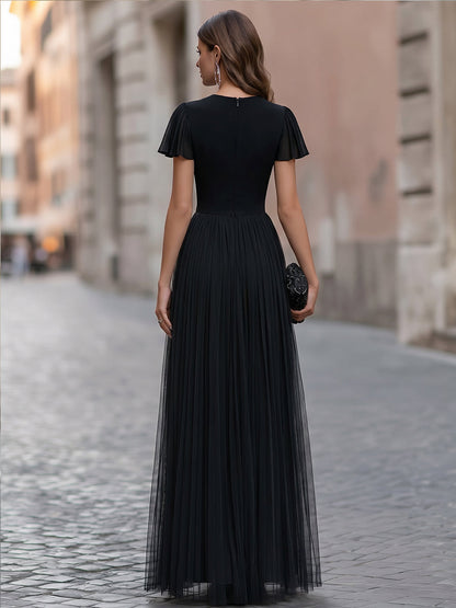 Rochie maxi Zafren neagră, cu mâneci fluture