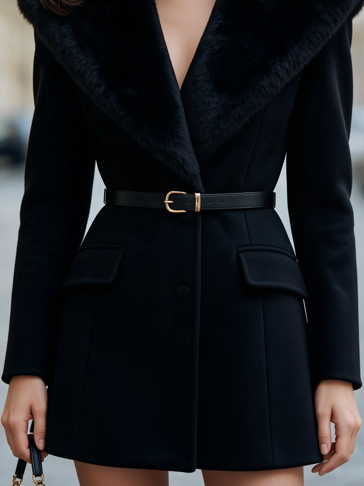 Manteau noir Zafren à col châle en fourrure