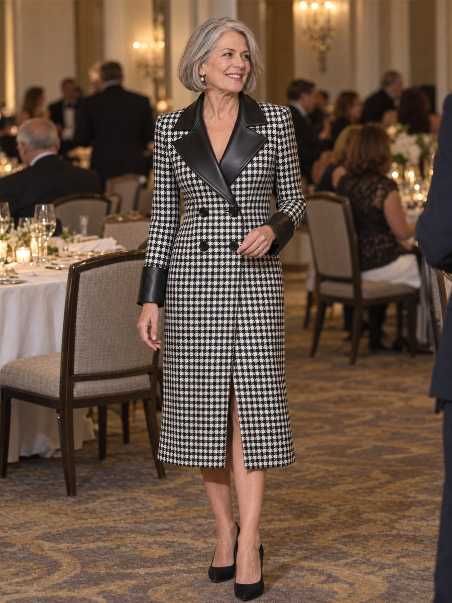 Zafren Black Houndstooth Leather Lapel Coat