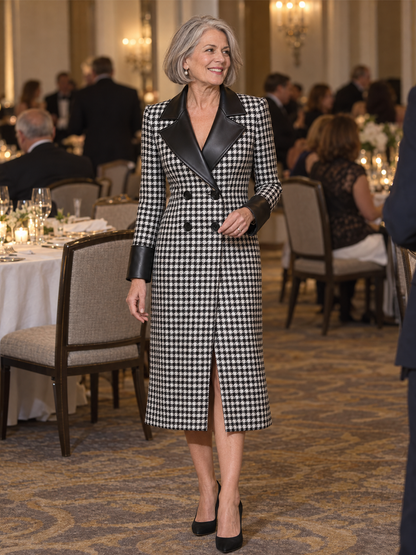 Zafren Black Houndstooth Leather Lapel Coat