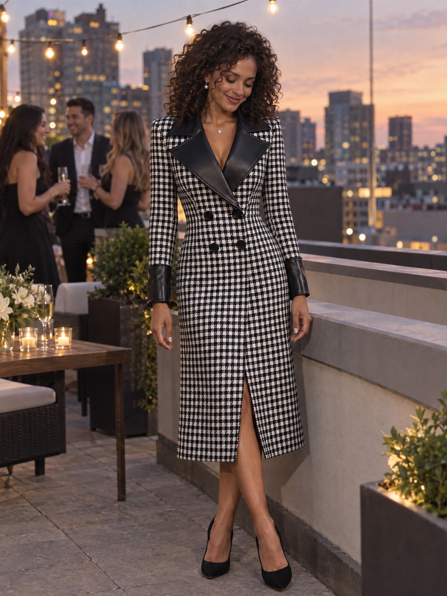 Zafren Black Houndstooth Leather Lapel Coat