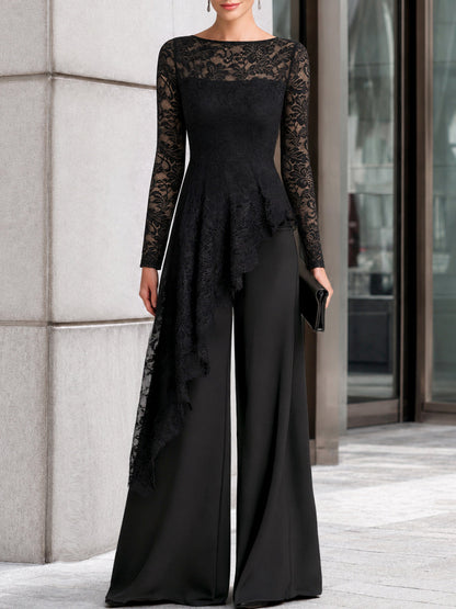 Zafren zwarte jumpsuit met kanten overlay en wijde pijpen