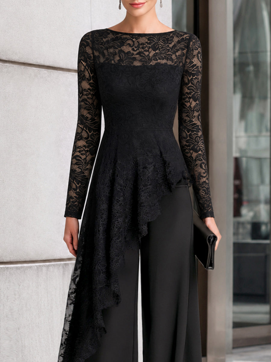 Zafren zwarte jumpsuit met kanten overlay en wijde pijpen